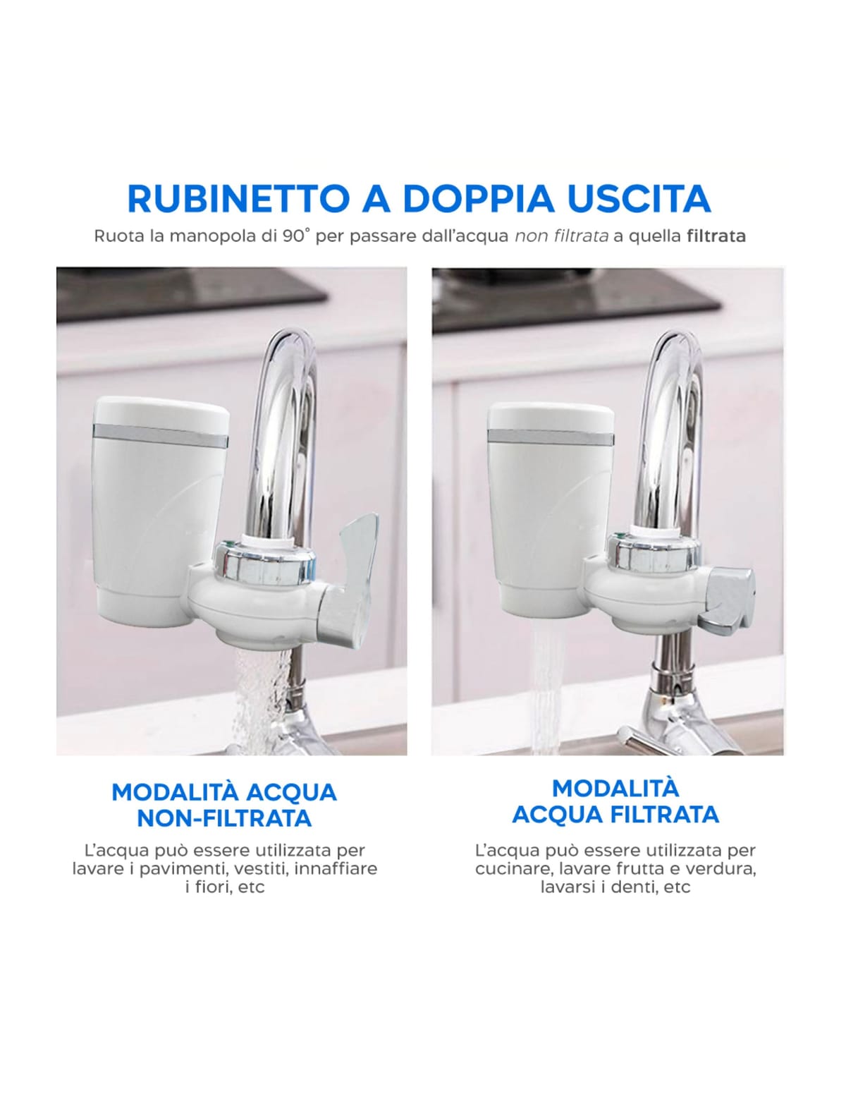 Filtro per acqua xWater 2.0 avvitato al rubinetto della cucina, con doppia uscita filtrata e non filtrata