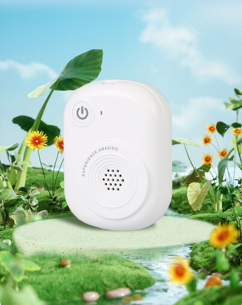 Purificatore bianco visto di fronte, tasto on/off in alto a sinistra e griglia circolare al centro