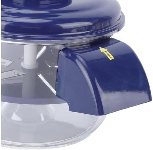Tritatutto elettrico portatile con coperchio blu, contenitore trasparente e lame in acciaio inox