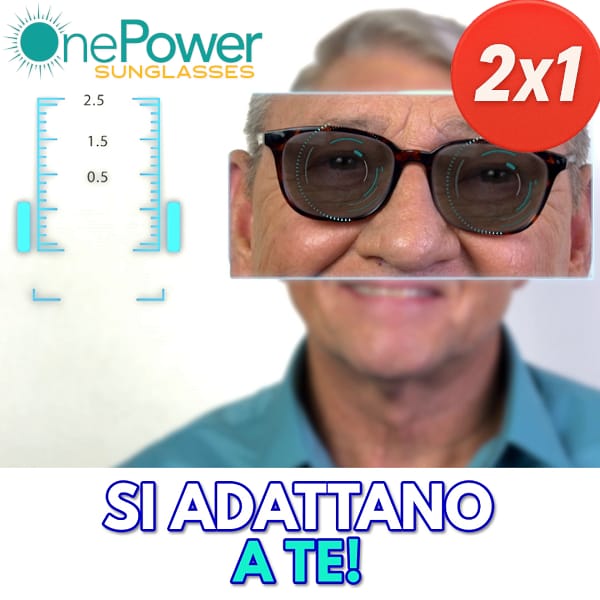 Uomo anziano sorridente indossa gli occhiali da sole con montatura tartarugata, accanto la scala delle gradazioni
