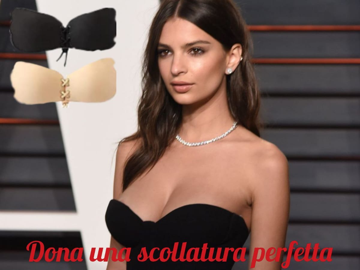 Donna con abito nero senza spalline e, in alto, le coppe adesive nella versione nera e color nude
